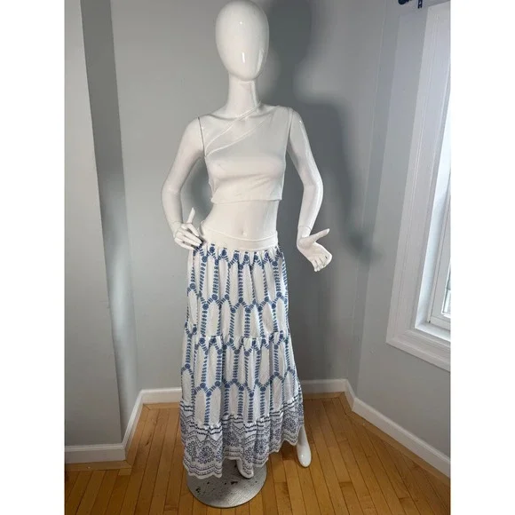 Commense Boho Blue & White Embroidered Maxi Skirt Flowing Tiered Summer Skirt S - Picture 7 of 10